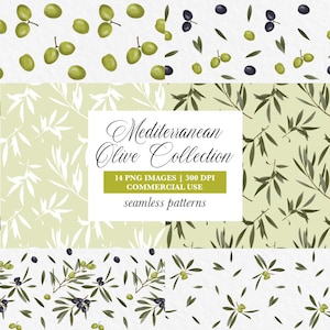 Pode incluir: Uma coleção digital de padrões sem costura com azeitonas verdes e pretas, ramos de oliveira e folhas em vários fundos. O texto central diz Mediterranean Olive Collection, 14 PNG IMAGES | 300 DPI COMMERCIAL USE, seamless patterns.