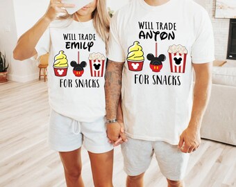 Disney Family Vacation Shirts, Personalized Disney Snack Tee, Custom Name Disney World Trip Shirt, Will Trade For Snacks, Disneyland Apparel
