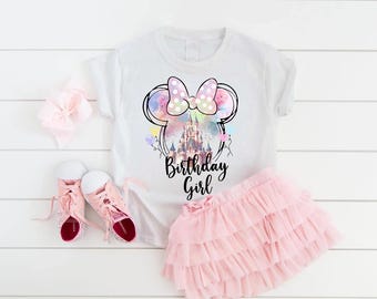 Minnie Birthday Girl Shirt, Disney Birthday Tee, Watercolor Castle T-Shirt, Magic Kingdom Trip Outfit, Birthday Girl Party Tops
