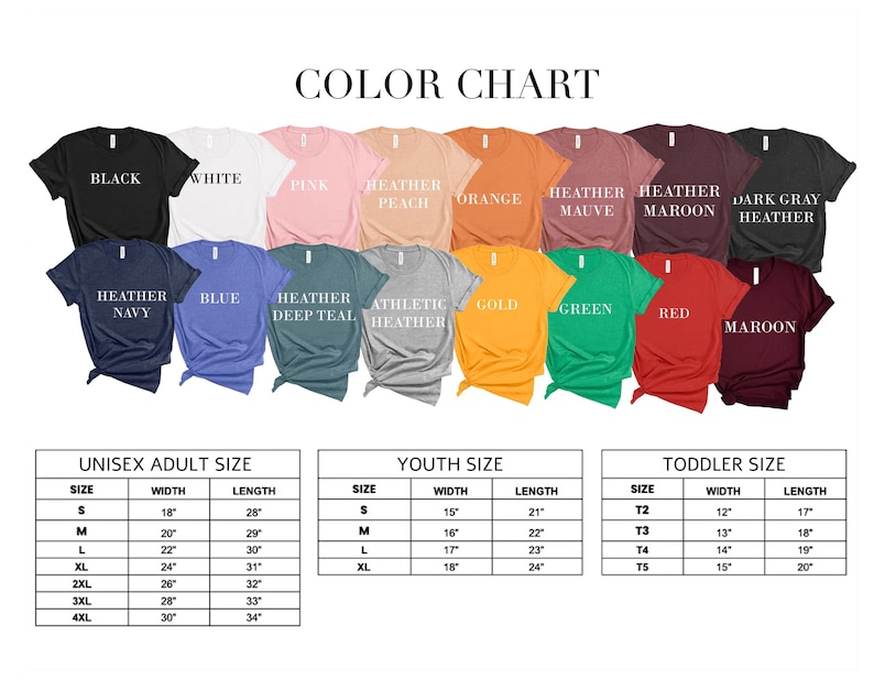 K&ouml;nnte beinhalten: Eine Farbkarte zeigt verschiedene T-Shirt-Farben, darunter Schwarz, Wei&szlig;, Rosa und Orange. Die Karte zeigt auch Gr&ouml;&szlig;entabellen f&uuml;r Unisex-Erwachsene, Jugendliche und Kleinkinder mit Ma&szlig;en in Zentimetern f&uuml;r Breite und L&auml;nge.