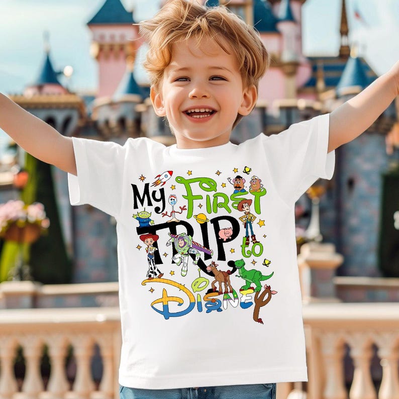 Puede incluir: Una camiseta blanca con el texto "My First Trip to Disney" en verde, negro y azul, con personajes de dibujos animados. La camiseta la lleva un ni&ntilde;o sonriendo frente a un castillo.