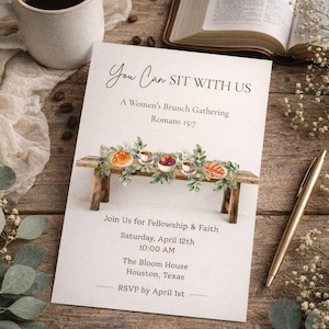 May include: An invitation for a women's brunch gathering with the text "You Can SIT WITH US". The invitation includes a watercolor illustration of a table with food and drinks. A cup of coffee and an open book are also visible.