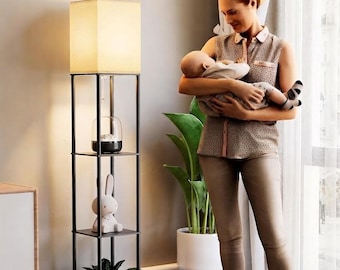 Modern Shelf Floor Lamp with Etagere Organizer | Ambient Linen Shade Lighting
