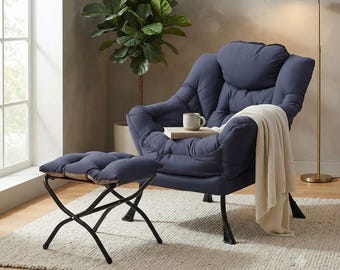 Modern Accent Chair with Ottoman | Comfy Armchair and Footrest Set