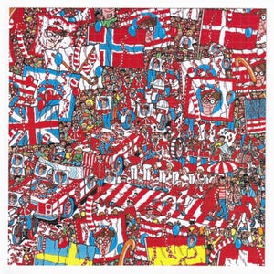 May include: A busy illustration in red, white, and blue, reminiscent of a 'Where's Wally?' scene. The image is filled with people, flags, and vehicles. Many characters are wearing red and white striped shirts and glasses.