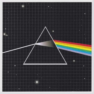 May include: A graphic design featuring a white triangle prism with a rainbow spectrum of light emanating from it. The background is black with a grid pattern and white stars, creating a cosmic effect.