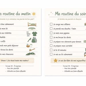 Könnte beinhalten: Zwei bedruckbare A4-Blätter mit illustrierten Checklisten für Morgen- und Abendroutinen. Die Morgenroutine umfasst Aufstehen, Bett machen und Frühstück essen. Die Abendroutine umfasst Baden, Zähneputzen und Lesen.