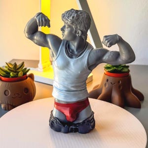 Può includere: Scultura grigia di una figura che flette i muscoli, con canotta bianca, biancheria intima rossa e jeans blu. La scultura è un vaso, con una pianta grassa in un vaso marrone a forma di gatto e un vaso marrone a forma di ceppo.