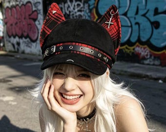 Handmade Doberman Ear Punk Baseball Cap - Gothic Plaid Y2K Alt Fashion Hat