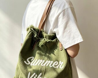 Summer Vibes Shoulder Bag, Boho Chic Beach Bag, Casual Travel Handbag,Fringe Embroidered Canvas Tote Bag