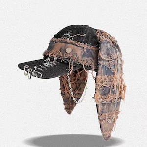 Wasteland Grunge Bunny Ear Baseball Cap, Distressed Frayed Denim Punk Chain Hat, Alternative Gothic Streetwear Aesthetic Hat