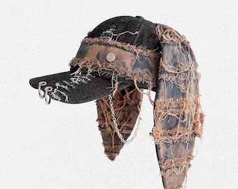 Wasteland Grunge Bunny Ear Baseball Cap, Distressed Frayed Denim Punk Chain Hat, Alternative Gothic Streetwear Aesthetic Hat