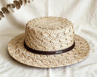 Handvävd båthatt i raffia, fransk solhatt med platt topp, sommarhatt för kvinnor, naturlig vävd solskyddshatt