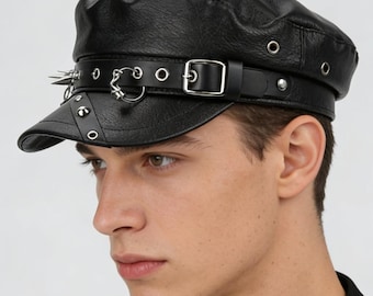 Gotisk punk läderkeps med spikar, nitad bikerhatt för män och kvinnor