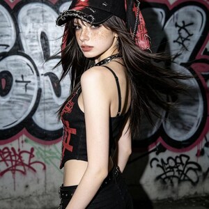 May include: A black and red baseball cap with a heart design and chain accents. The cap is paired with a black crop top with red graphics and black shorts. The background features graffiti art.