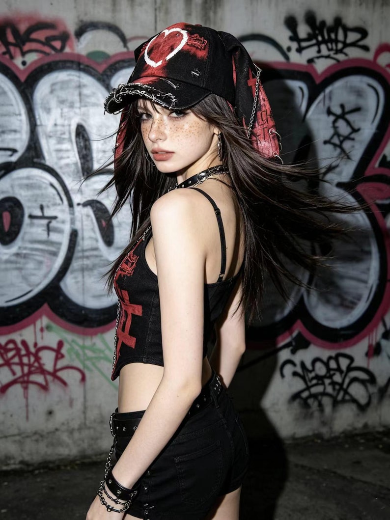 May include: A black and red baseball cap with a heart design and chain accents. The cap is paired with a black crop top with red graphics and black shorts. The background features graffiti art.