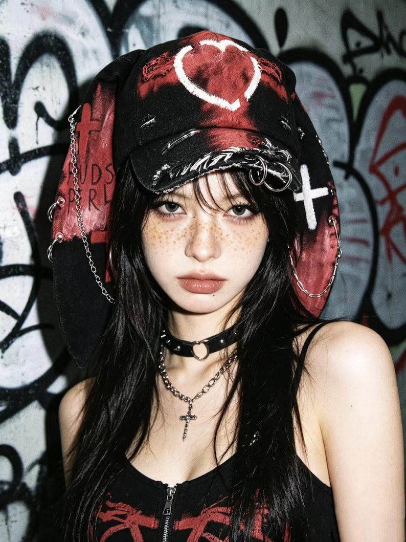 May include: A black and red hat with a heart design and a cross. The hat has chains and metal rings. The person is wearing a black choker with a silver cross necklace. The background is a graffiti wall.