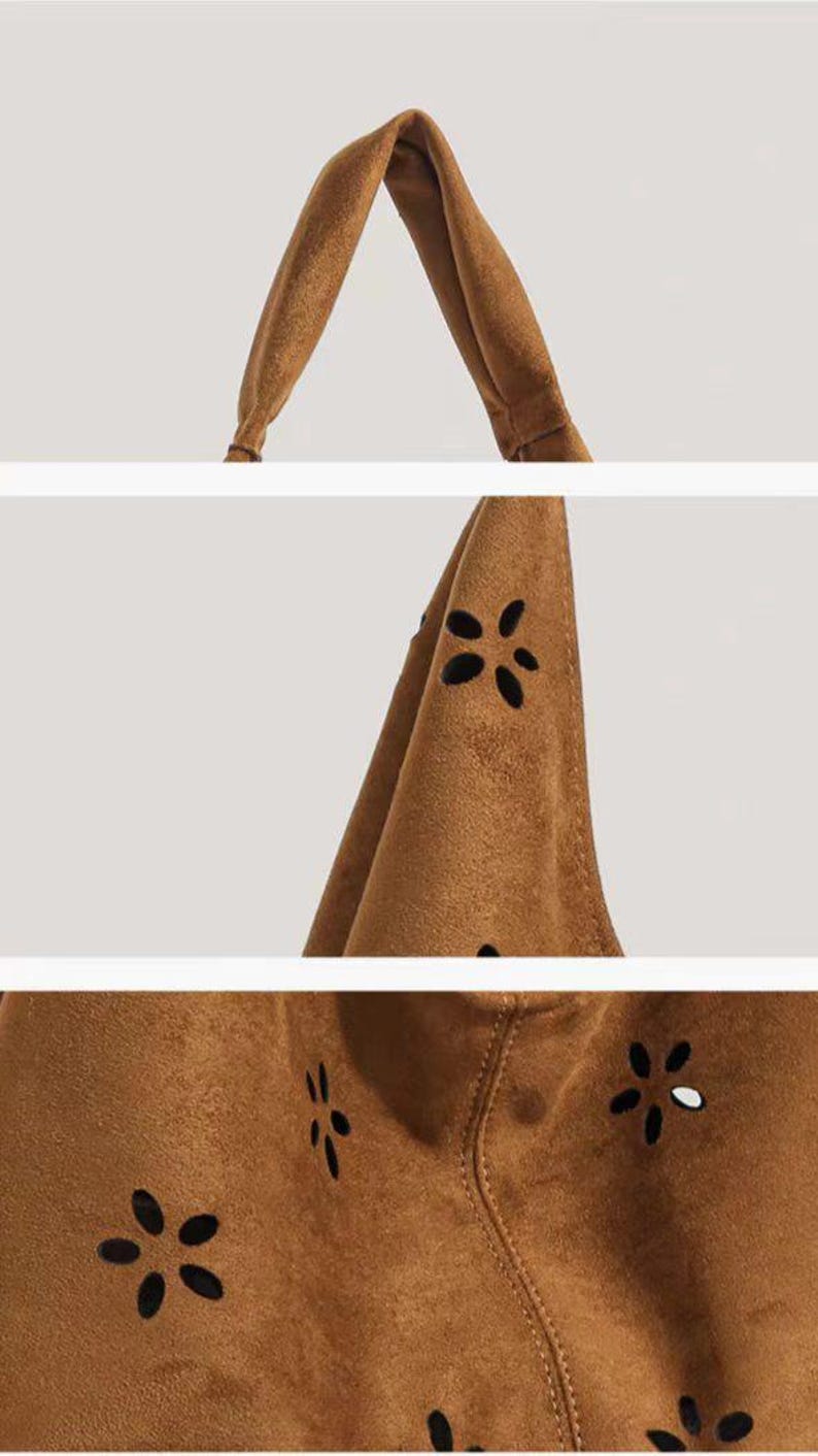 May include: Close-up shots of a brown suede tote bag. The bag features a handle and a body with flower-shaped cutouts. The stitching is visible, and the bag appears to be made of a soft material. The bag is a neutral color.