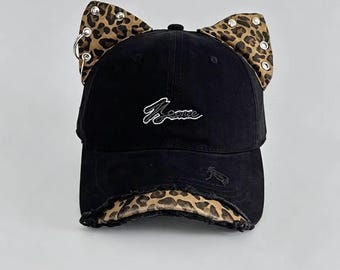 Leopardkattöra-keps med sliten passform, gotisk Y2K-punk-keps med nitar och estetik