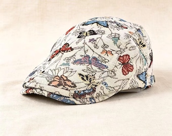Vintage Fjärilsmönstrad Bomulls Flat Cap Unisex Retro Newsboy Hatt Justerbar Boho Basker