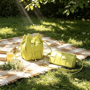 Puede incluir: Dos bolsos de mano verde lima se muestran sobre una manta de picnic. Uno es un bolso tipo cubo con cierre de cordón y correas largas para el hombro. El otro es un bolso bandolera rectangular con un diseño tejido y una correa larga.
