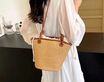 Halm Bucket Bag Dragsko Fodrad Vävd Tote Sommar Axelväska
