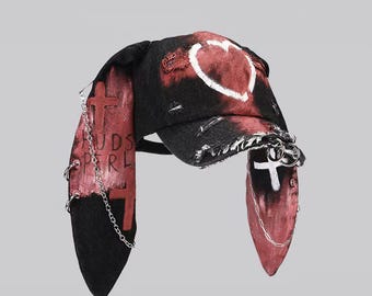Handmålad punk-jeansmössa med kaninöron - sliten Y2K-hatt med alt-goth-motiv