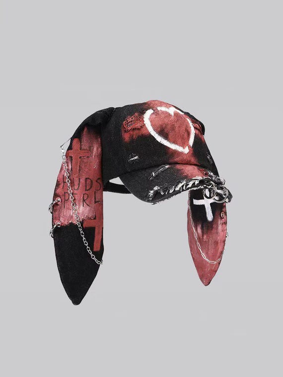 Hand Painted Punk Bunny Ear Denim Cap - Distressed Y2K Goth Alt Fashion Hat