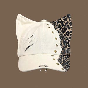 Punk Leopard Print Cat Ear Baseball Cap - Rivet Distressed Y2K Streetwear Hat
