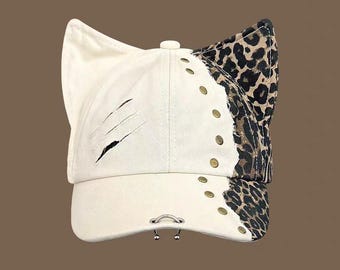 Punk Leopard Print Cat Ear Baseball Cap - Rivet Distressed Y2K Streetwear Hat