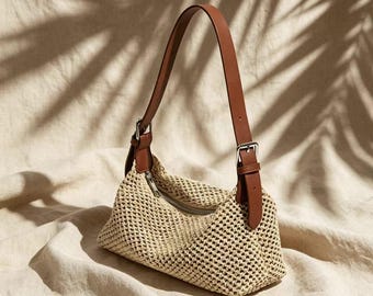 Vintage vävd halm-hoboväska, sommarstrand-crossbodyväska, handgjord semesterväska, boho raffia-armhålsväska