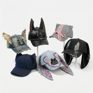 Unique Animal Ears Punk Baseball Caps - Distressed Denim Hats with Cat Dog Rabbit Ears, Gothic Alternative Fashion