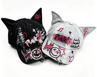 Y2K Punk Kattöra Denim Baseballkeps Grunge Handmålad Sliten Hatt