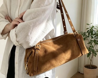 Vintage mockabaguette axelväska, retro mjuk läderhoboväska, justerbar rem Y2K-handväska, brun casual tote-väska
