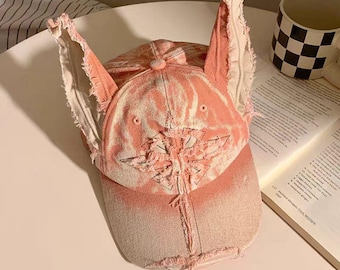 Gothic Doberman Ear Baseball Cap, Punk Distressed Tie-Dye Hat, Grunge Y2K Aesthetic