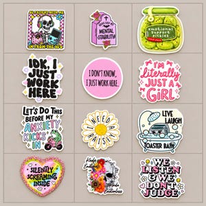 Puede incluir: Una colección de doce pegatinas de vinilo coloridas con varios diseños, incluyendo un esqueleto con una consola portátil, una lápida, un frasco de pepinillos, eslóganes, una rana en un scooter, una margarita, una tostadora en una bañera y una calavera.