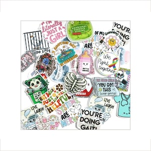 May include: A collection of colorful stickers with various designs and text. The stickers feature phrases like "I'm literally just a girl," "Another day in paradise," and "You're doing great!" Other designs include a baby bottle, a skeleton, and a rainbow.