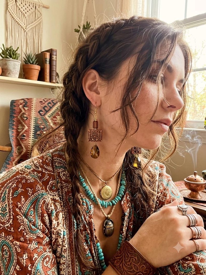 Handmade Dangle Earring Wooden Floral Bead Accessory Amber Crystal Women Gift Nature Pendant Boho image 1