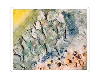 May include: A textured painting featuring thick impasto brushstrokes in shades of blue, white, and green, depicting a coastal scene. The composition includes a sandy area adorned with various small seashells and fragments scattered along the bottom.