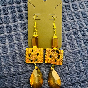 Handmade Dangle Earring Wooden Floral Bead Accessory Amber Crystal Drop Hook Women Jewelry Gift Unique Artisan Wood Nature Pendant Boho Style Fall Fashion Statement Gold Accents Beautiful Handcrafted Design Daily Wear Essential Elegant