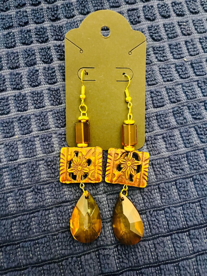 Handmade Dangle Earring Wooden Floral Bead Accessory Amber Crystal Drop Hook Women Jewelry Gift Unique Artisan Wood Nature Pendant Boho Style Fall Fashion Statement Gold Accents Beautiful Handcrafted Design Daily Wear Essential Elegant