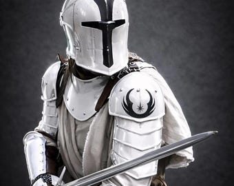 Medieval Knight Armor – Polished White Templar Helmet & Black Outfit | Full Body Crusader Style Warrior
