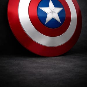 May include: A red, white, and blue shield with a central white star on a blue circle. The shield has a metallic finish and a circular design, reminiscent of a superhero's iconic accessory.