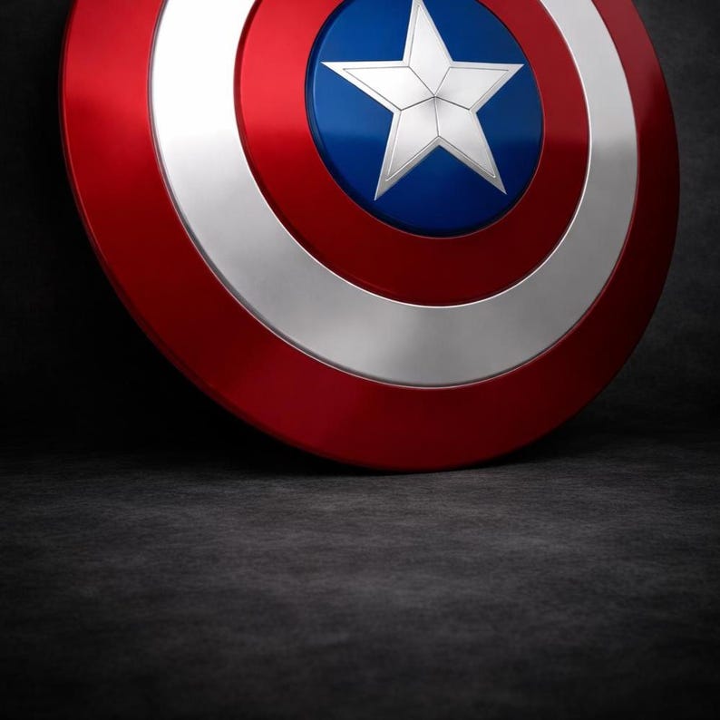 May include: A red, white, and blue shield with a central white star on a blue circle. The shield has a metallic finish and a circular design, reminiscent of a superhero's iconic accessory.