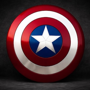 May include: A circular shield with a red outer ring, a white inner ring, and a silver ring. The centre has a blue circle with a white, five-pointed star. A classic superhero accessory.