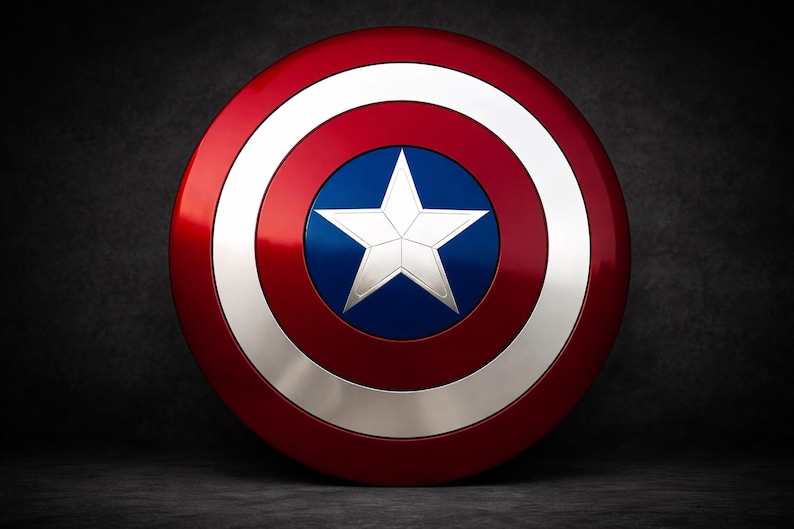 May include: A glossy, circular shield with a red outer ring, a white inner ring, and a silver ring. The center features a blue circle with a white, five-pointed star. A classic superhero accessory.
