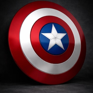 May include: A red, white, and blue shield with a star in the center. The shield has a metallic finish and is circular in shape. The shield is a prop or collectible item.