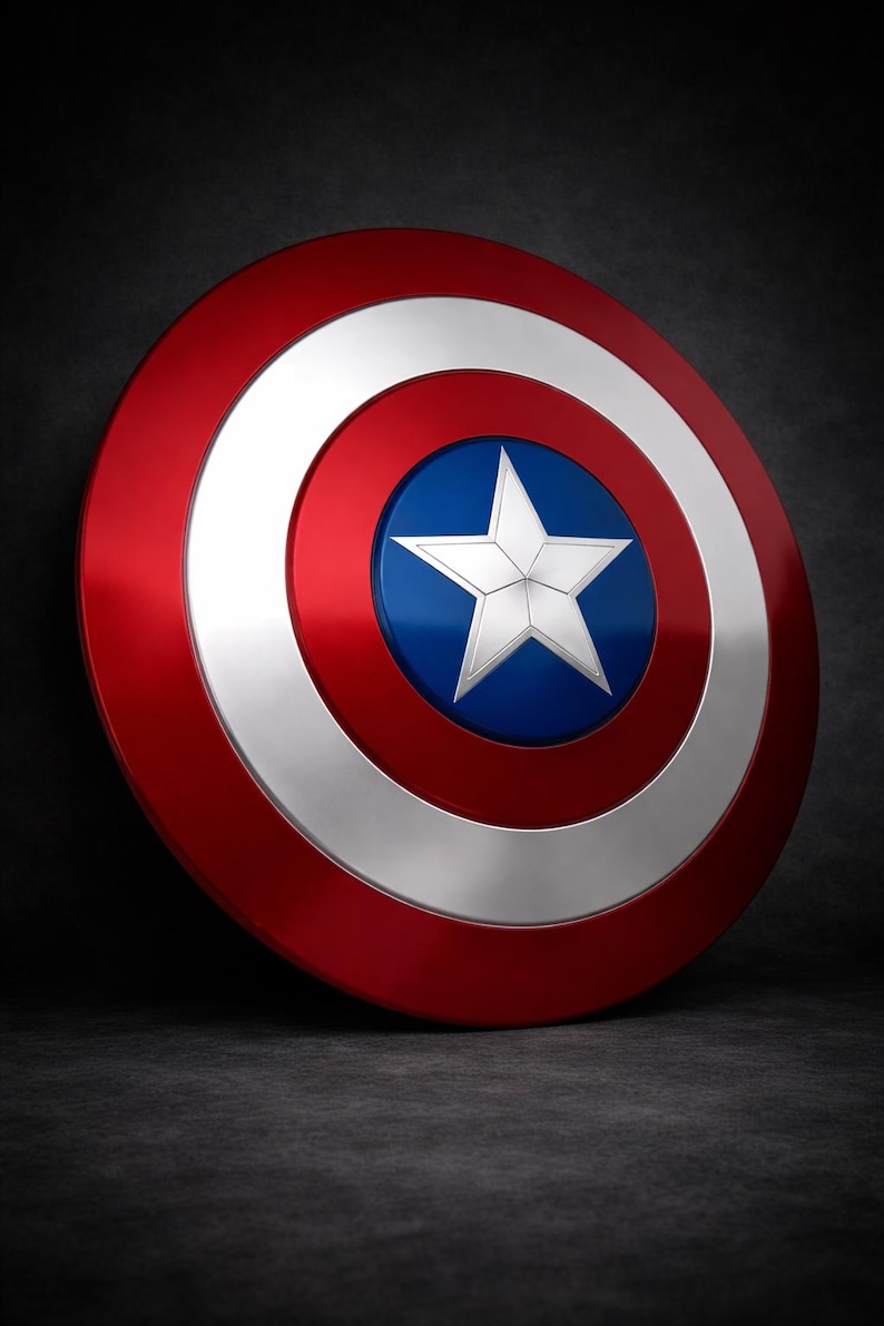 May include: A red, white, and blue shield with a star in the center. The shield has a metallic finish and is circular in shape. The shield is a prop or collectible item.