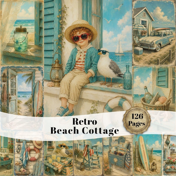 Retro Beach Cottage Junk Journal Kit, Vintage Coastal Printable Papers, 80s Beach House Journal Pages, Seaside Summer Ephemera