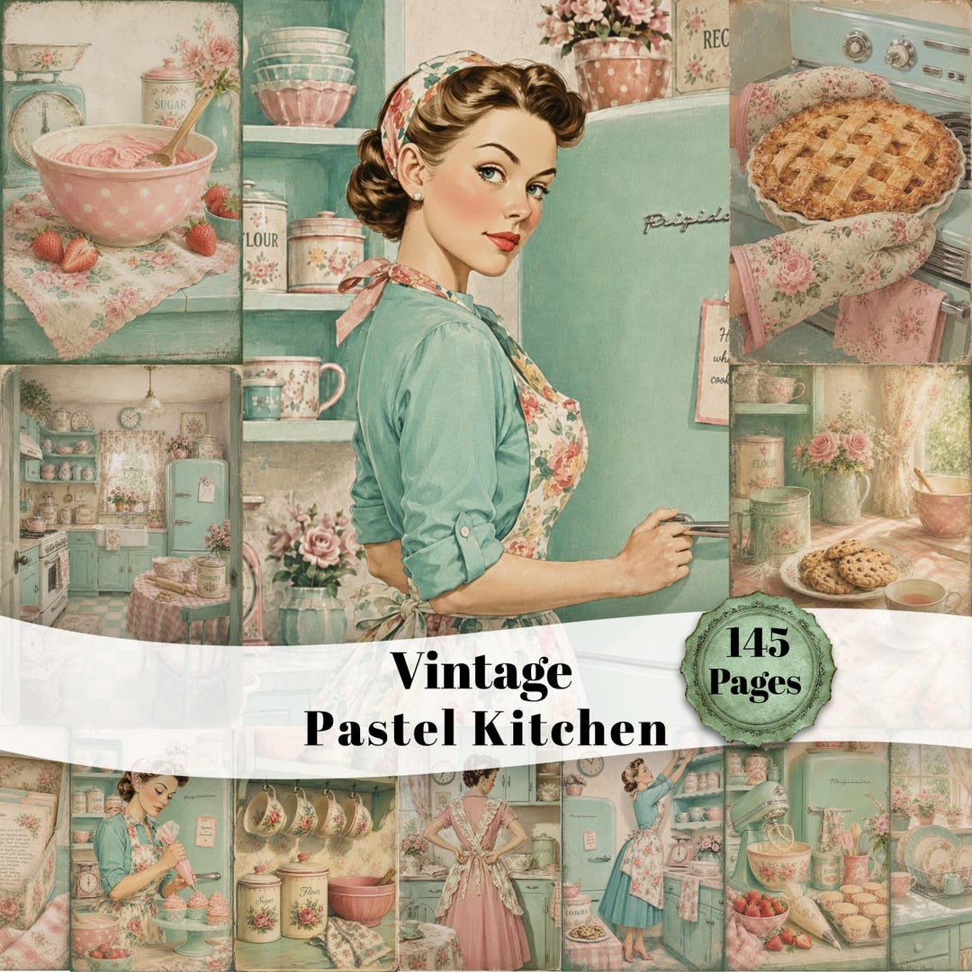 Vintage Pastel Kitchen Junk Journal Kit, Retro Baking Pages, Shabby ...